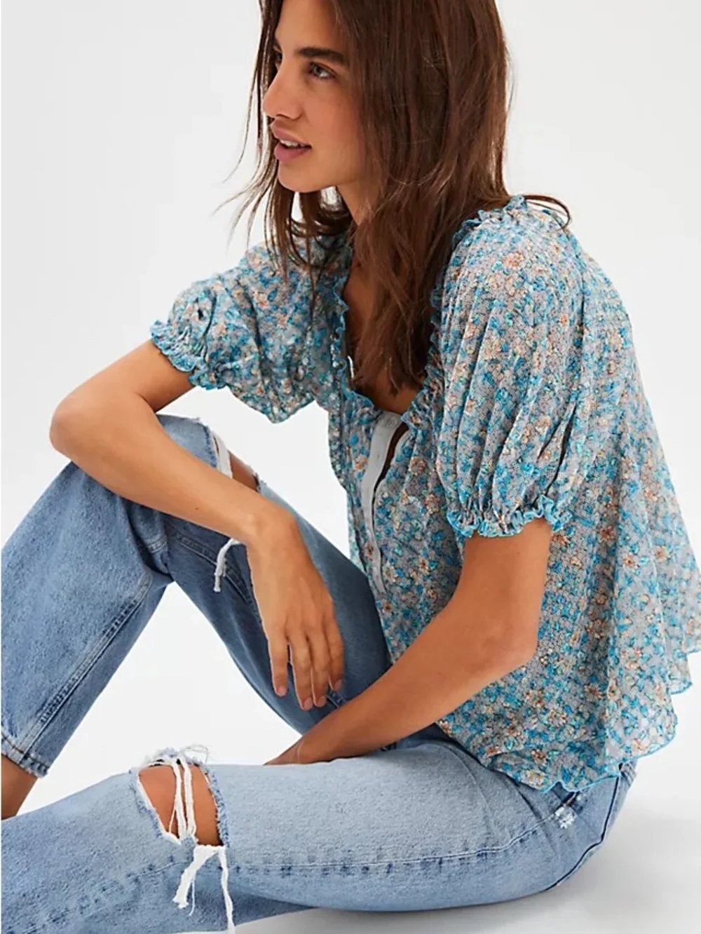 Free People Astra Floral Puff-Sleeve Peasant Top in Light Blue